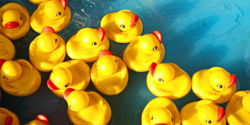 gelbe Quietsche-Entchen in türkisblauem Wasser