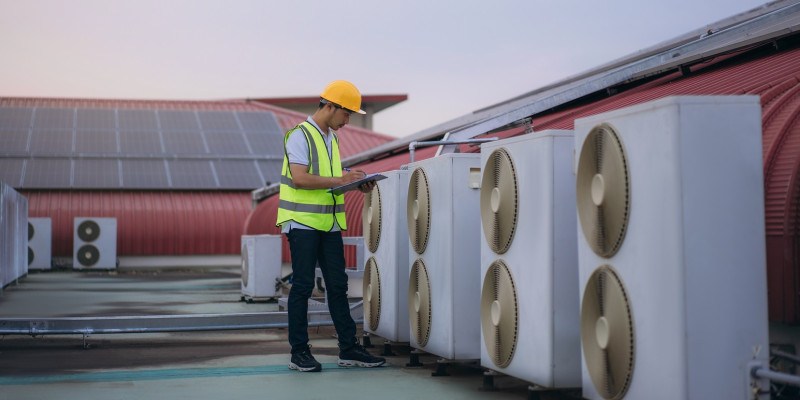 Mann in Arbeitskleidung kontrolliert Klimaanlagenaggregate auf einem Hausdach mit Photovoltaikanlage