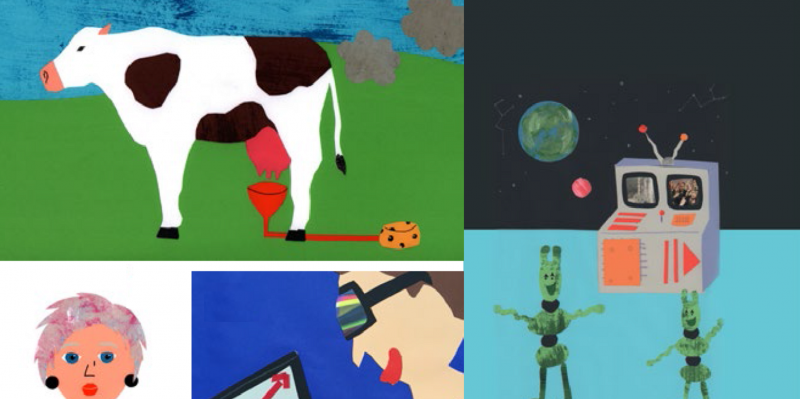 bunte, von Kindern gemalte Bilder zeigen eine Kuh, die Methan-Wolken ausstößt, grüne Marsmännchen, eine Frau und einen Jungen, der mit einer futuristischen Brille vor einem Laptop sitzt
