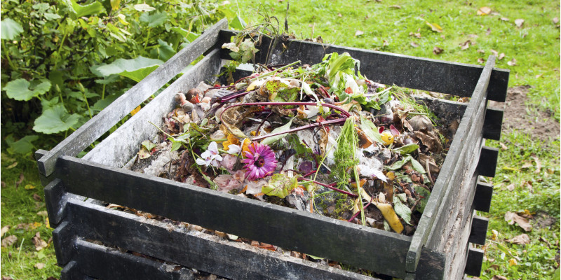 Komposthaufen im Garten mit Umrandung aus Holzbrettern
