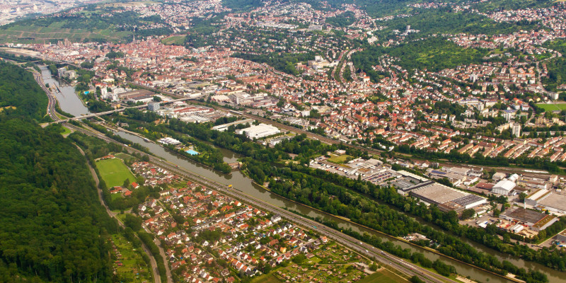 Arial photo of a city with a river