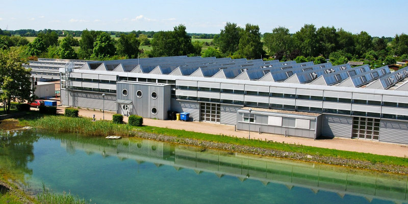 Modern hall with saw-tooth roof, with a large square-shaped pool in front