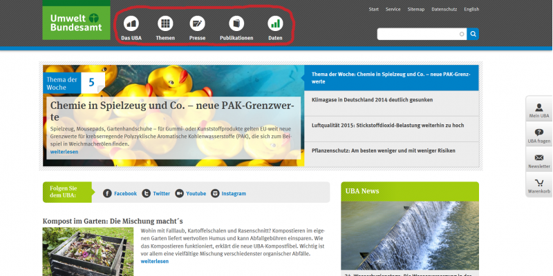 Screenshot der UBA-Website, rot umrandet die Hauptnavigation