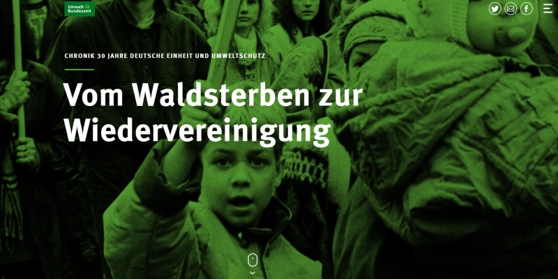 Schriftzug "Vom Waldsterben zur Wiedervereinigung: Chronik 30 Jahre Deutsche Einheit und Umweltschutz", im Hintergrund sind Demonstranten mit Schildern zu sehen, darunter ein Kind