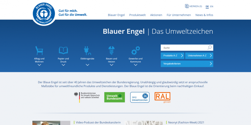 Startseite der Website zum Umweltzeichen Blauer Engel