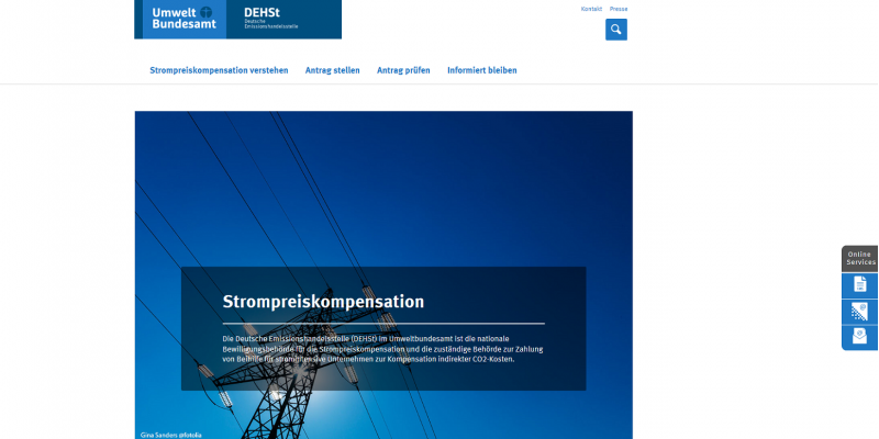 Startseite der Website Strompreiskompensation mit einem Foto einer Hochspannungsleitung