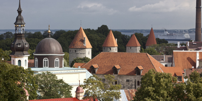 Blick auf die schöne Altstadt von Tallinn mit Türmchen und Bäumen