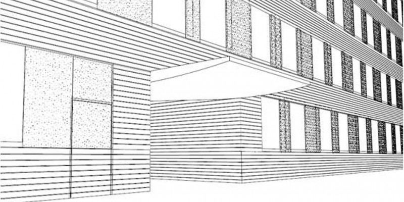 Zeichnung des UBA Dessau, ein Hintereingang wurde erweitert und mit einem Vordach versehen.