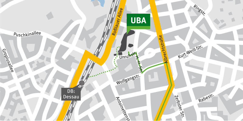 Der Stadtplanausschnitt zeigt die Lage des UBA-Hauptsitzes in Dessau Roßlau, nahe des Hauptbahnhofs Dessau