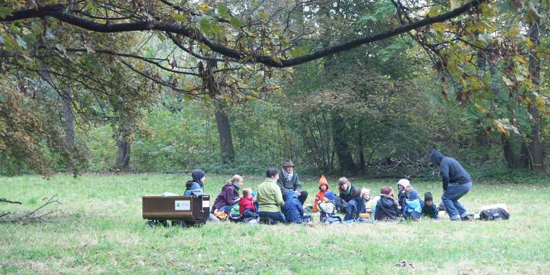 eine Kindergartengruppe sitzt auf einer Waldlichtung auf einer Wiese im Kreis