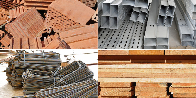 Vier verschiede Bauprodukte in einer Collage: Ziegel, Holzlatten, Stahlträger