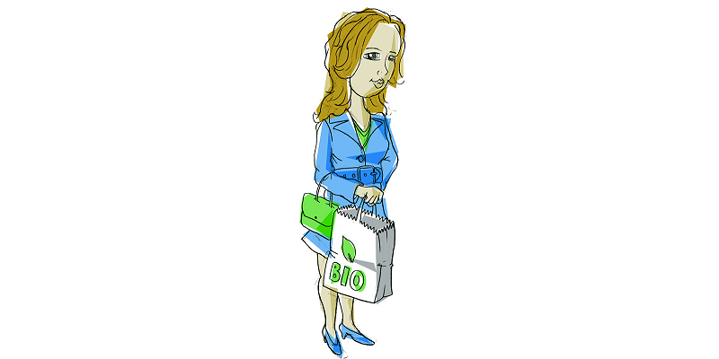 drawing of a woman with a paper shopping bag with the inscription "Bio"