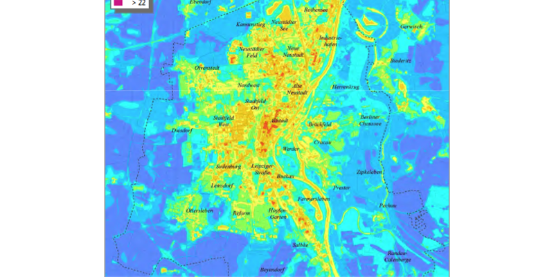 Klimafunktionskarte mit Temperaturfeldern um 4 Uhr morgens in der Stadt. Siehe: http://www.magdeburg.de/Start/B%C3%BCrger-Stadt/Leben-in-Magdeburg/Umwelt/Klimaschutzportal/Klimawandel/Klimawandel-Magdeburg