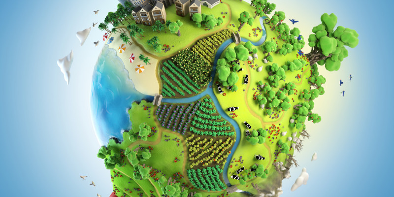 comic-style illustration of the Earth as a green and blue sphere covered with trees, fields, pastures and a city
