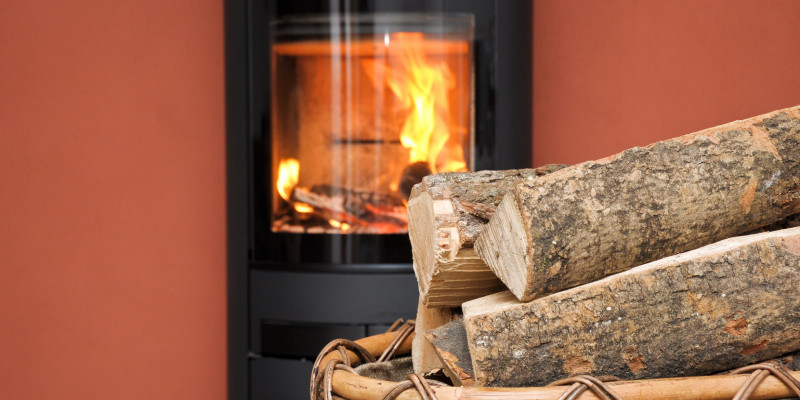 Kamin mit Feuer und Krob mit Holzscheiten