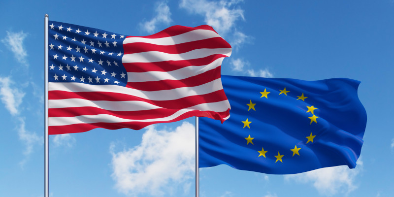 flag of the European Union and flag of the USA