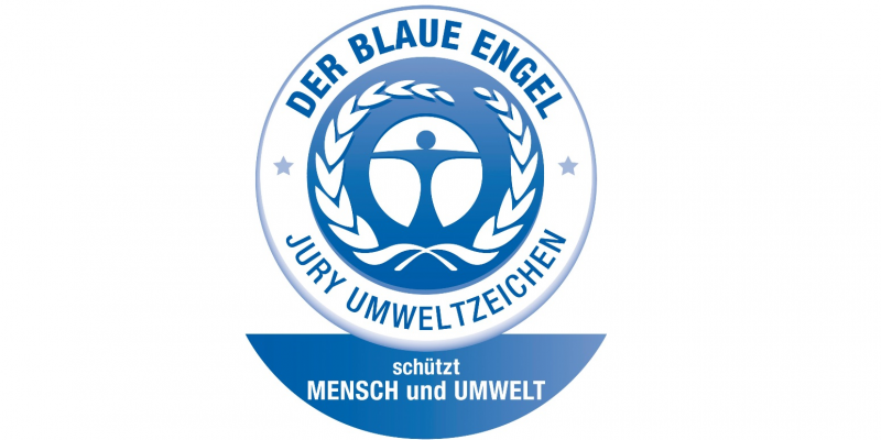 Logo des Umweltzeichens Blauer Engel bestehend aus einem stilisierten blauen Menschen in einem weiß-blauen Kreis mit einem beblätterten Zweig und der Aufschrift: Der Blaue Engel - Jury Umweltzeichen - schützt Mensch und Umwelt