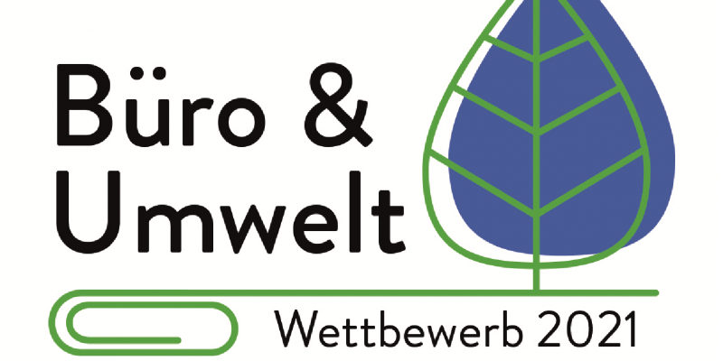 Logo des Wettbewerbs Büro und Umwelt: Titel des Wettbewerbs, ein Blatt sowie eine Büroklammer abgebildet