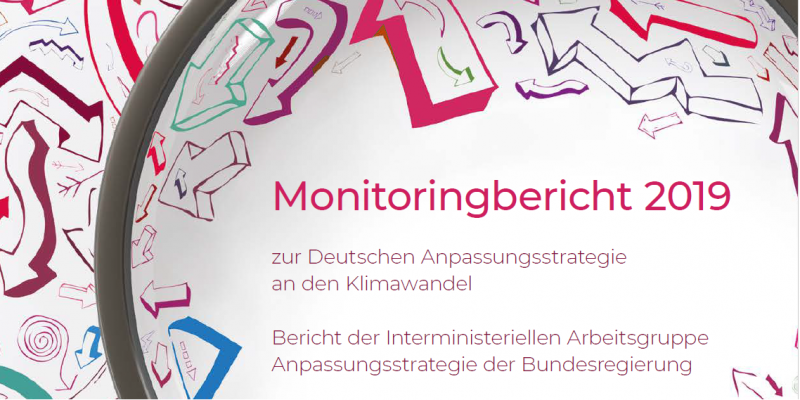 Ausschnitt des Titelbildes für den DAS-Monitoringbericht 2019, es wird eine Lupe dargestellt die Buchstaben und Symbole vergrößert darstellt mit dem Schriftzug Monitoringbericht 2019