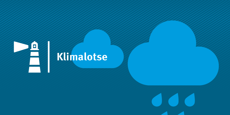 Icon mit Schriftzug Klimalotse und stilisiertem Leuchtturm sowie Regenwolken