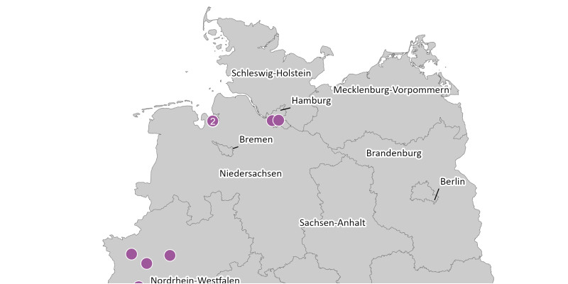 Die Karte zeigt die räumliche Verteilung der berichtspflichtigen Betriebe der Nichteisenmetall-Industrie im Jahr 2022. Die meisten dieser Betriebe liegen im Bundesland Nordrhein-Westfalen.