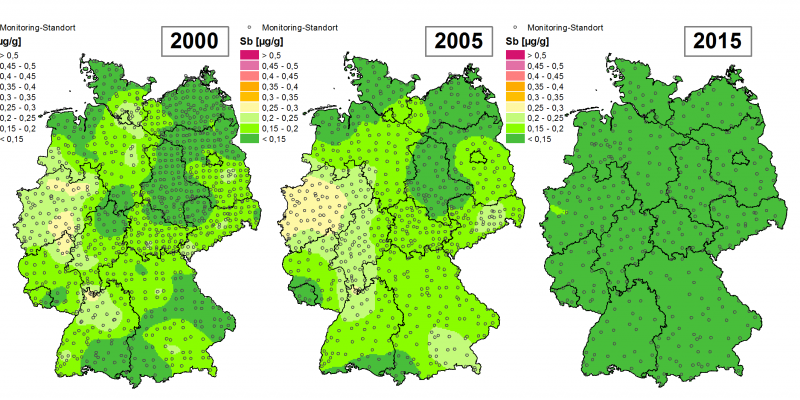Die Grafik zeigt die Höhe der Bioakkumulation von Antimon und Entwicklung dieser Konzentration von 1995 bis 2015/16 in Deutschland.
