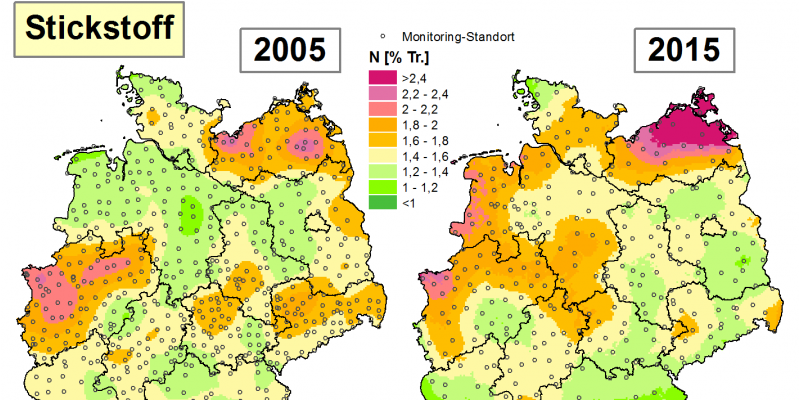 Die Grafik zeigt die Höhe der Bioakkumulation von Stickstoff in den Jahren 2005 und 2015/16 in Deutschland.