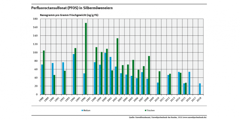 Seit die Verwendung von PFOS Anfang des Jahrtausends eingeschränkt wurde sind die Gehalte in Silbermöweneiern von den Nordseeinseln Trischen (-70%) und Mellum (-40%) stark zurückgegangen.