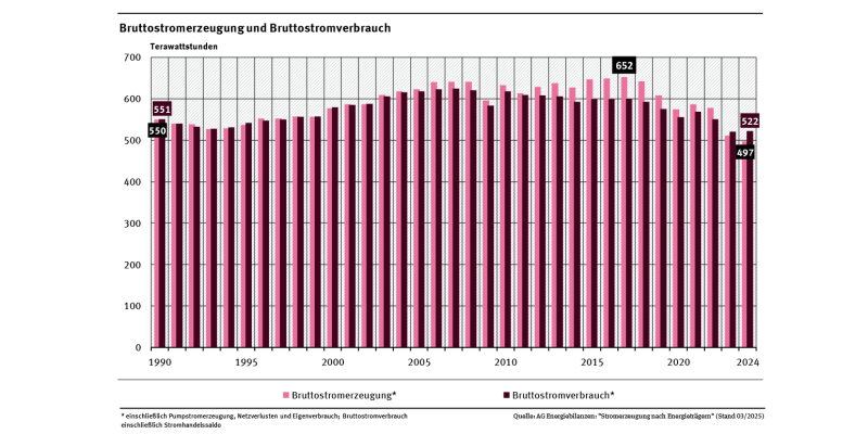 Ein Säulendiagramm zeigt die jährliche Bruttostromerzeugung und den jeweiligen Bruttostromverbrauch für die Jahre 1990 bis 2024. Bis 2022 lag die Stromproduktion über dem Verbrauch, in den Jahren 2023 und 2024 lag die Erzeugungsmenge niedriger als der Verbrauch, weil mehr Strom importiert wurde.