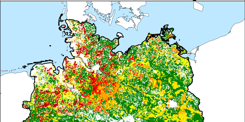Die Abbildung zeigt eine Deutschlandkarte mit der räumlichen Verteilung von Flächen, die eine Überschreitung der ökologischen Belastungsgrenzen für Versauerung im Jahre 2019 aufweisen.