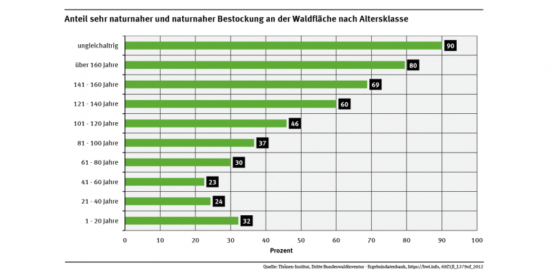 Die Abbildung zeigt, dass Bestände mit einem Alter ab 120 Jahren zum überwiegenden Teil eine naturnahe Bestockung aufweisen (zwischen 60 und 80 %), während junge und jüngere Bestände nur zu knapp einem Drittel eine naturnahe Bestockung aufweisen.