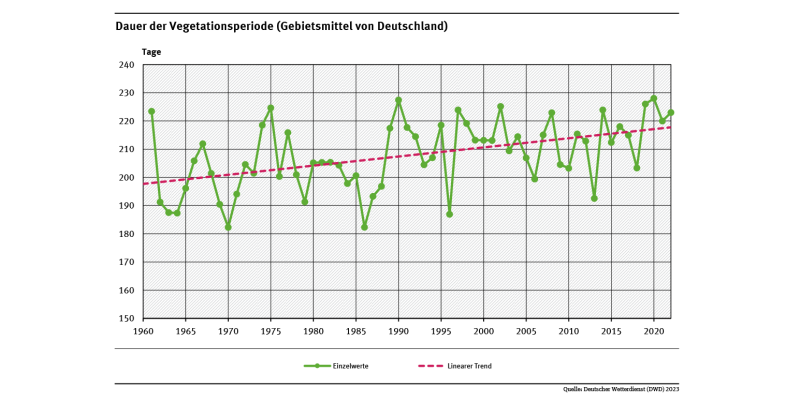 Das Liniendiagramm zeigt die Dauer der Vegetationsperiode in Tagen (Gebietsmittel für Deutschland) seit 1961. Der lineare Trend zeigt, dass die Vegetationsperiode immer länger dauert. 
