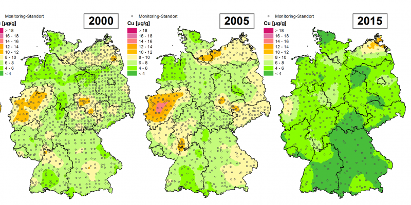 Die Grafik zeigt die Höhe der Bioakkumulation von Kupfer und Entwicklung dieser Konzentration von 1990 bis 2015/16 in Deutschland.