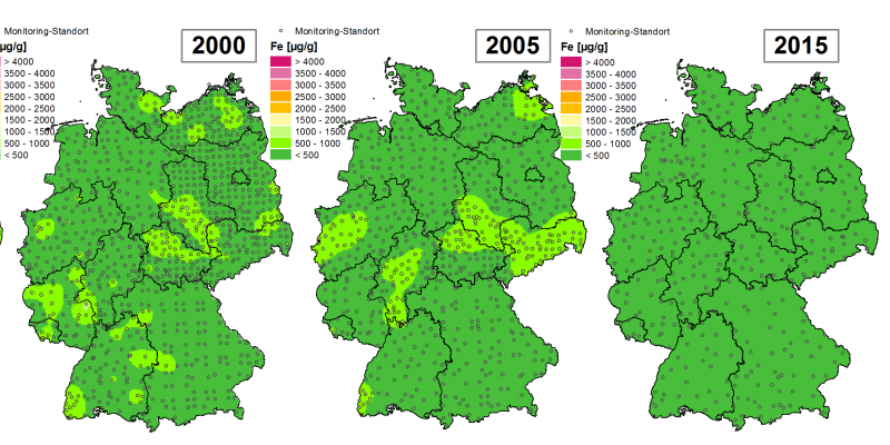 Die Grafik zeigt die Höhe der Bioakkumulation von Eisen und Entwicklung dieser Konzentration von 1990 bis 2015/16 in Deutschland.