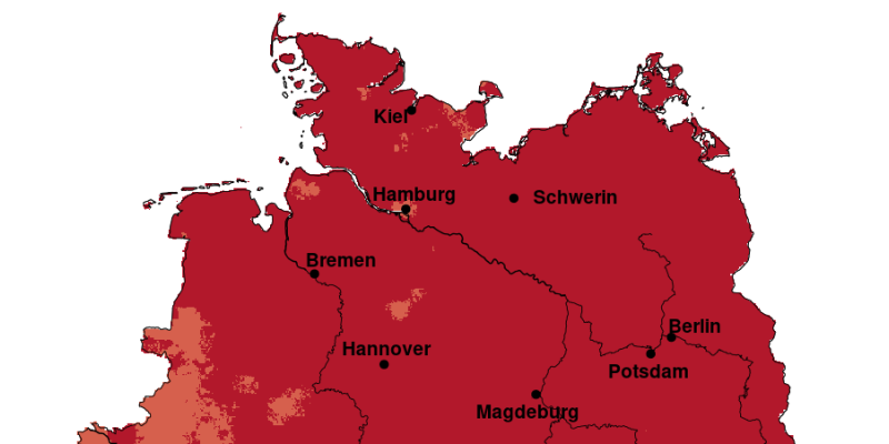 Deutschlandkarte: Im Vergleich zum Normalwert sind die Lufttemperaturen in Deutschland überall gestiegen. Nördlich der Linie Düsseldorf – Erfurt – Dresden überwiegend um 1,5 K bis 2 K, unter dieser Linie meist sogar 2 K bis 3 K. Das äußere Ende der Spannweite (+1,1 K / +3,6 K) wird nur punktuell erreicht.