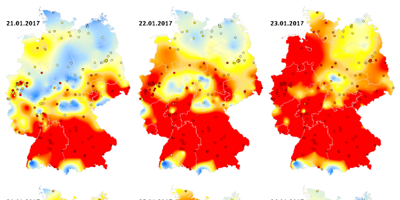 Die Abbildung stellt anhand von 12 Deutschlandkarten die Tagesmittelwerte der Partikelkonzentration von PM10 im Verlauf der Episode vom 18. Januar bis zum 26. Januar 2017 dar. Die Höhe der Konzentration ist in verschiedenen Farben dargestellt.