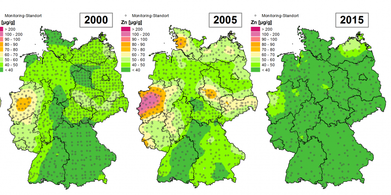 Die Grafik zeigt die Höhe der Bioakkumulation von Zink und Entwicklung dieser Konzentration von 1990 bis 2015/16 in Deutschland.