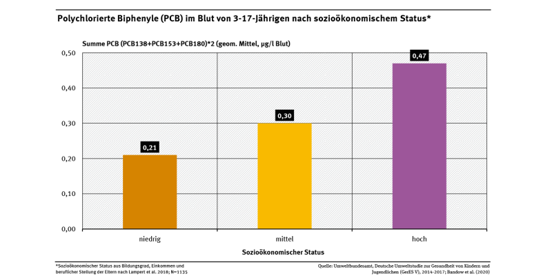 Die Abbildung zeigt, dass je höher der sozioökonomischen Status einer Familie war, desto höher war der Gehalt polychlorierter Biphenyle (PCB) im Blut ihrer 3- bis 17-jährigen Kinder.