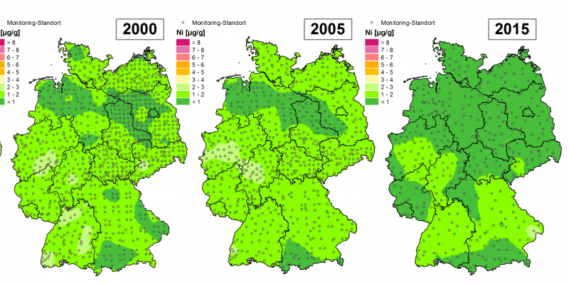 Die Grafik zeigt die Höhe der Bioakkumulation von Nickel und Entwicklung dieser Konzentration von 1990 bis 2015/16 in Deutschland.