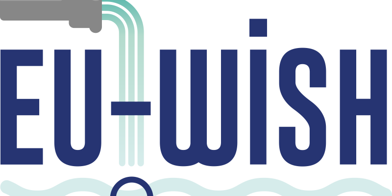 Das EU-WISH Logo zeigt blaugrüne Wellen, einen Wasserfall aus einem Abflussrohr und eine Lupe.