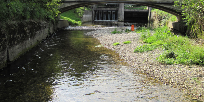 Flussansicht mit Brücke und im Hintergrund ist eine kleinere Stauanlage zu sehen
