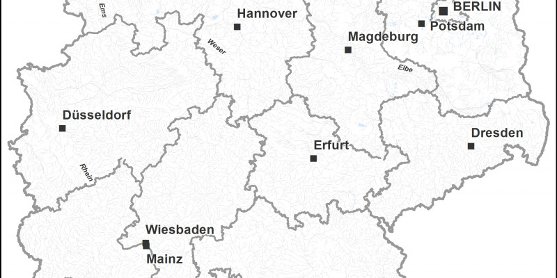 Grafische Deutschlandkarte auf der die Flüsse in Alpennähe Blau markiert sind.