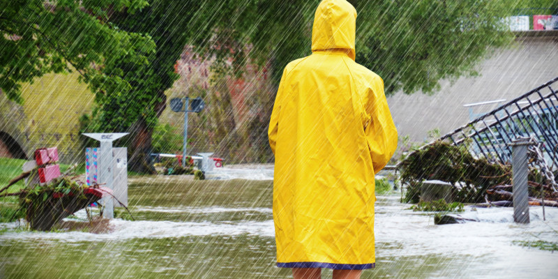 Eine Frau mit Regenmantel steht im Regen vor einer überfluteten Landschaft.