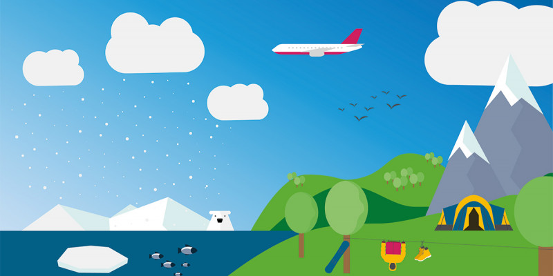 Ein blauer Himmel mit Flugzeug, Berge, ein Zelt, Wasser und ein Eisbär.