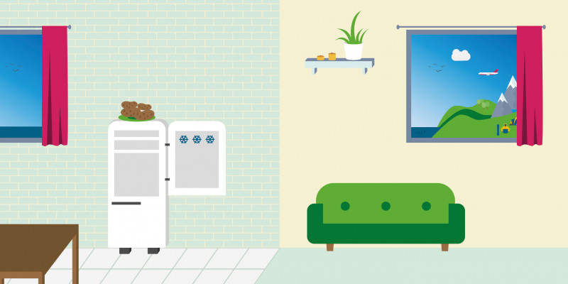 Eine Wohnung grafisch dargestellt mit Kühlschrank, Sofa und anderen Möbeln.