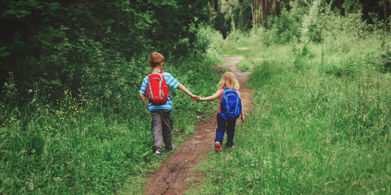 Zwei Kinder wandern im Wald.