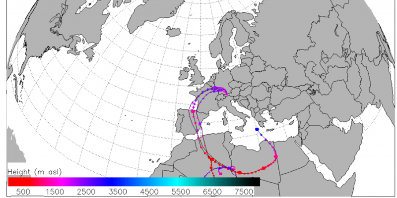Die Karte zeigt den Verlauf von Rückwärtstrajektorien mit Endpunkt an der Zugspitze für drei verschiedene Ankunftshöhen (2500 m, 3000 m und 3500 m über Meereshöhe). Alle drei Linien reichen über Frankreich und Spanien nach Nordafrika. Die Färbung der Linien weist auf eine relativ niedrige Höhe über dem Geländeniveau hin.