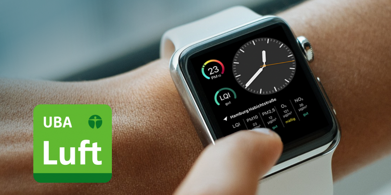 Das Bild zeigt die App Luftqualität und beispielhaft den LQI und Schadstoffkonzentrationen auf der Apple Watch.