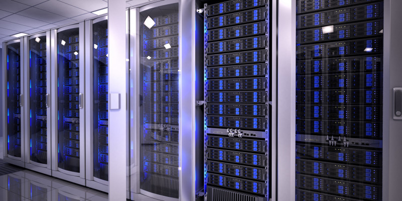 Mehrere Server sind zu sehen, die sich in Schränken gestapelt befinden.