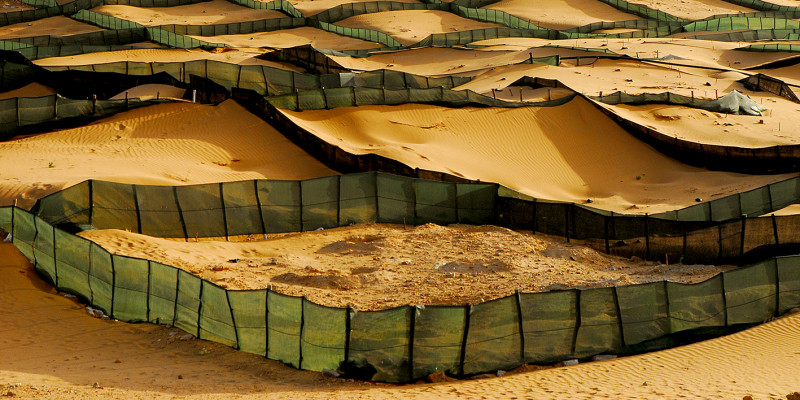 Kunststoffnetze zäunen Flächen von Sanddünen ein.